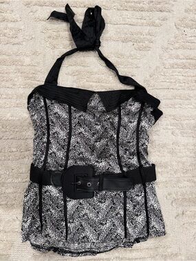 Bebe Black & White Halter Bustier Top with Belt